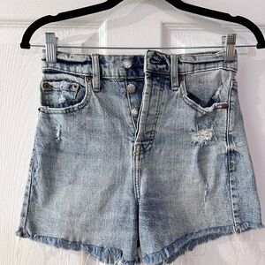 Blue Distressed Jean Shorts with Frayed Hem